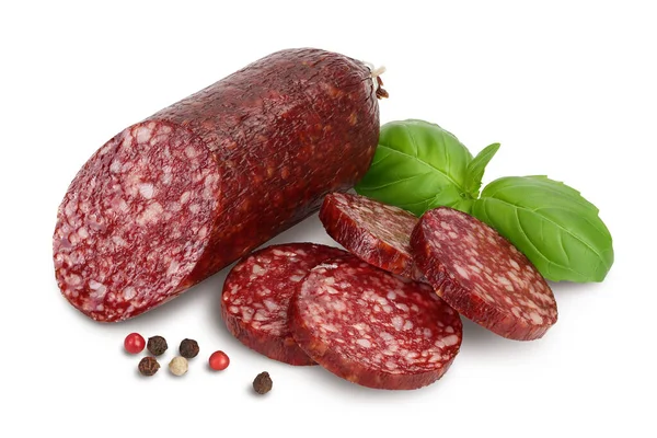 Smoked sausage salami with slices isolated on white background with clipping path and full depth of field — Stock Photo, Image