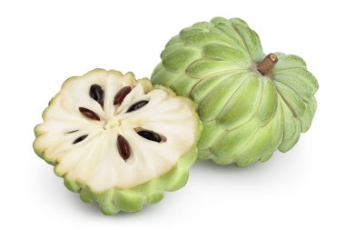 Beyaz arka planda izole edilmiş elma şekeri ya da kremalı elma kırpma yolu ve tam derinlik. Egzotik tropikal Thai annona veya cherimoya meyvesi