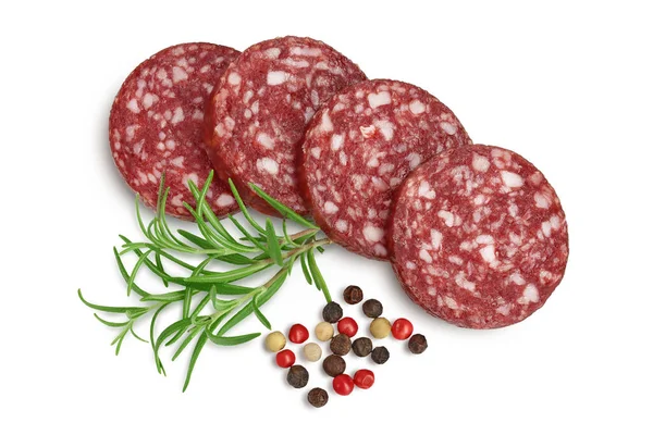 Smoked sausage salami slices isolated on white background with clipping path and full depth of field. Top view. Flat lay — Stock Photo, Image