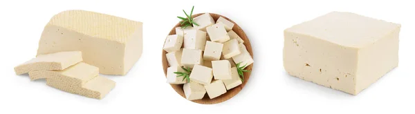 Τυρί tofu απομονωμένο σε λευκό φόντο με μονοπάτι αποκοπής και πλήρες βάθος πεδίου, Σετ ή συλλογή — Φωτογραφία Αρχείου