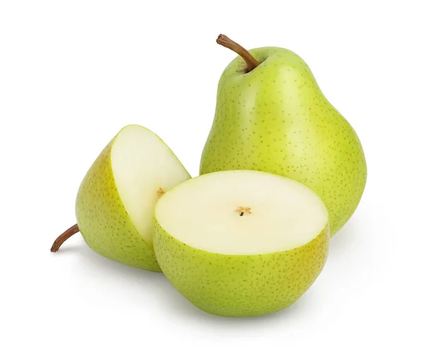 Groen perenfruit met half geïsoleerd op witte achtergrond met knippad en volle velddiepte — Stockfoto