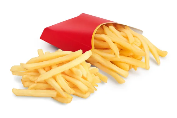 Pommes frites oder Bratkartoffeln in einem roten Karton isoliert auf weißem Hintergrund mit Clipping-Pfad und voller Schärfentiefe — Stockfoto