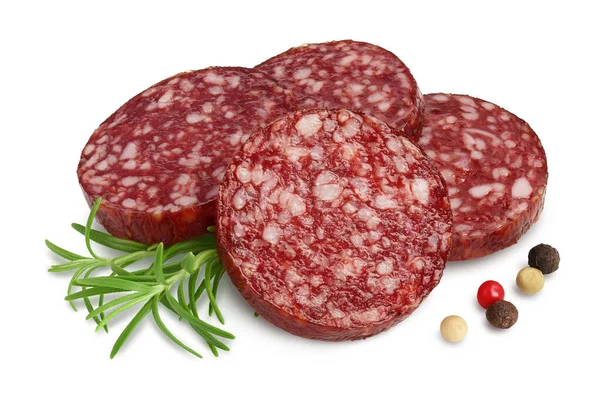 Smoked sausage salami slices isolated on white background with clipping path and full depth of field — Stock Photo, Image