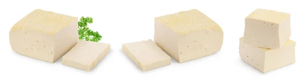 Τυρί tofu απομονωμένο σε λευκό φόντο με μονοπάτι αποκοπής και πλήρες βάθος πεδίου, Σετ ή συλλογή — Φωτογραφία Αρχείου