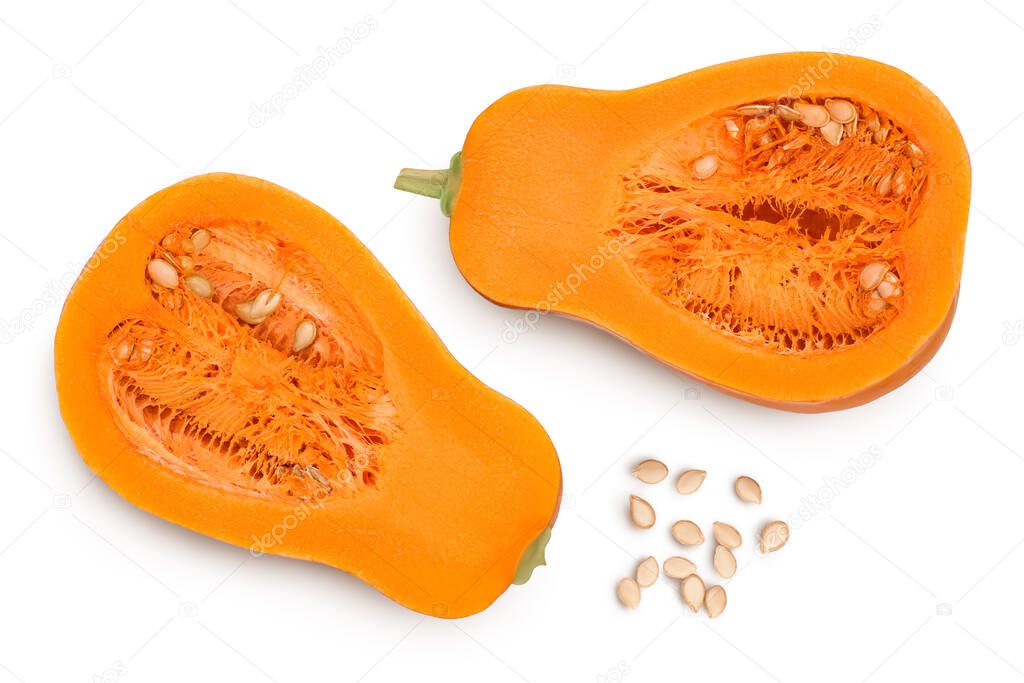 butternut squash half isolated on white background with clipping path and full depth of field. Top view. Flat lay