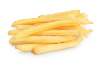 Kızarmış patates ya da patates kızartması kesme yolu ve geniş bir alanda beyaz arka planda izole edilmiş.