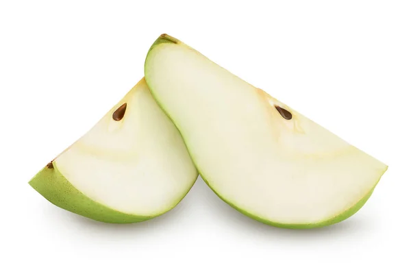 Φέτες πράσινου φρούτου αχλαδιού που απομονώνονται σε λευκό φόντο με μονοπάτι αποκοπής και πλήρες βάθος πεδίου — Φωτογραφία Αρχείου