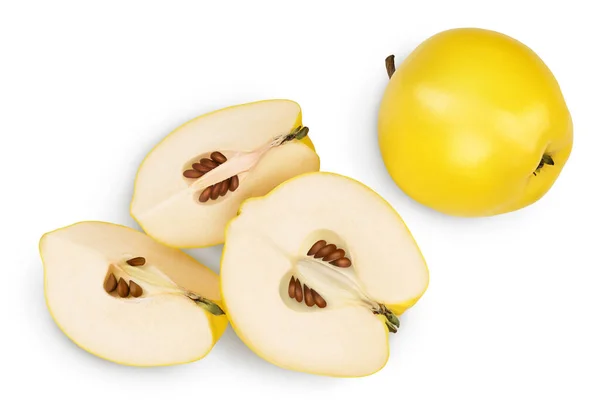 Fresh quince with half and slices isolated on the white background with clipping path and full depth of field. Top view. Flat lay Royalty Free Stock Images