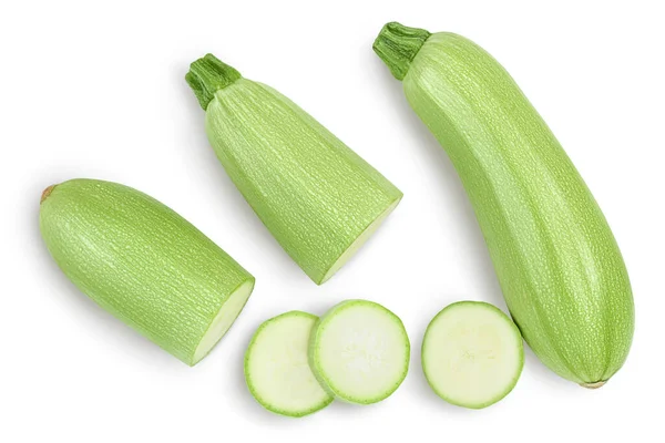 추키니 (zucchini) 또는 골수는 흰 배경에 분리되어 있으며, 길 이 나넓은 필드의 깊이를 가지고 있다. 위에서 본 모습. 나막신 — 스톡 사진