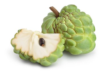 Beyaz arka planda izole edilmiş elma şekeri ya da kremalı elma kırpma yolu ve tam derinlik. Egzotik tropikal Thai annona veya cherimoya meyvesi