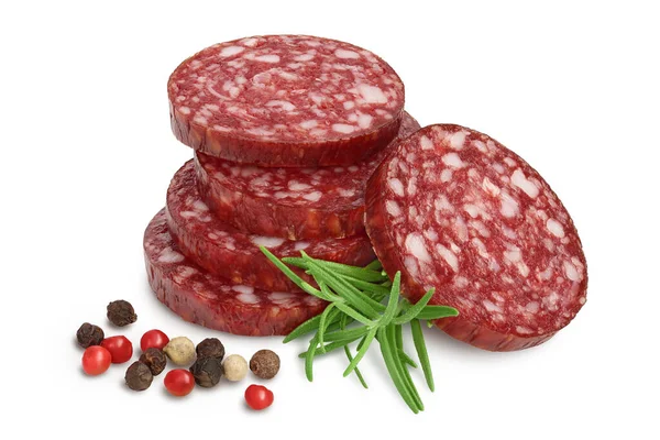 Tütsülenmiş sosis salamı beyaz arka planda izole edilmiş kırpma yolu ve tam derinlik