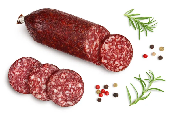Smoked sausage salami with slices isolated on white background with clipping path and full depth of field. Top view. Flat lay — Stock Photo, Image