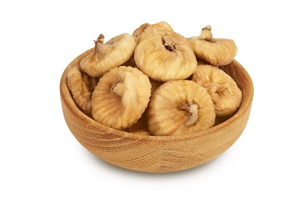 Dried figs in wooden bowl isolated on white background with clipping path and full depth of field — Stock Photo, Image