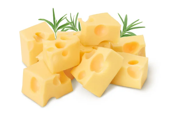 Kostki sera wyizolowane na białym tle ze ścieżką wycinania i pełną głębią ostrości — Zdjęcie stockowe