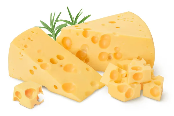 Kırpma yolu ve tam derinlikte alan ile beyaz arkaplanda izole edilmiş peynir parçası — Stok fotoğraf