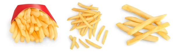 Batatas fritas ou fritas isoladas sobre fundo branco. Conjunto ou coleção — Fotografia de Stock