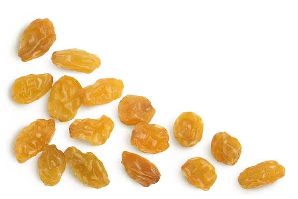 Yellow raisin isolated on white background with clipping path. Top view with copy space for your text. . Flat lay — Stock Photo, Image