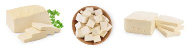 Tofu peyniri kırpma yolu ve tam derinlik alan, set ya da koleksiyon ile beyaz arkaplanda izole edildi