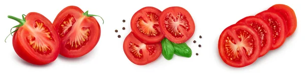 Tomate mit Scheiben isoliert auf weißem Hintergrund mit Schnittpfad und voller Schärfentiefe. Set oder Sammlung — Stockfoto