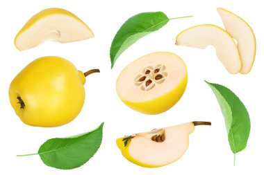 Yarısı taze ayva ve beyaz arka planda izole edilmiş kesme yolu ve tam derinlikte alan. Üst Manzara. Düz yatıyordu