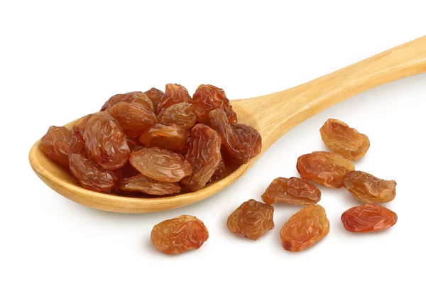 Brown raisins in wooden spoon isolated on white background with clipping path and full depth of field — Zdjęcie stockowe