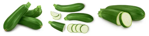 Zucchine fresche intere isolate su fondo bianco con percorso di ritaglio e piena profondità di campo. Set o collezione — Foto Stock