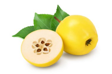 Beyaz arkaplanda yarı izole edilmiş, kırpma yolu ve tam derinliğe sahip taze ayva.