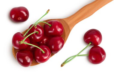 red sweet cherry in wooden bowl isolated on white background with clipping path and full depth of field, Top view. Flat lay clipart