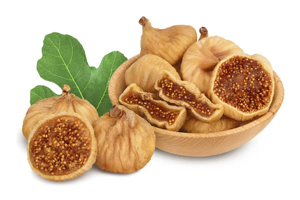 Dried fig in wooden bowl isolated on white background with clipping path and full depth of field — Stock Photo, Image