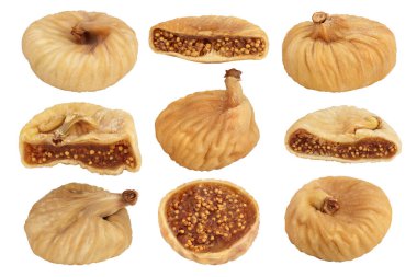 Kurutulmuş incir, kırpma yolu ve tam derinlikteki beyaz arkaplanda izole edildi. Üst Manzara. Düz yatıyordu. Ayarla ya da topla