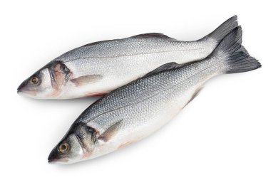 Deniz levreği, kırpma yolu ile beyaz arka planda izole edildi. Üst Manzara. Düz yatıyordu