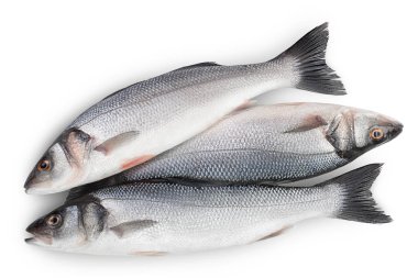 Deniz levreği, kırpma yolu ile beyaz arka planda izole edildi. Üst Manzara. Düz yatıyordu