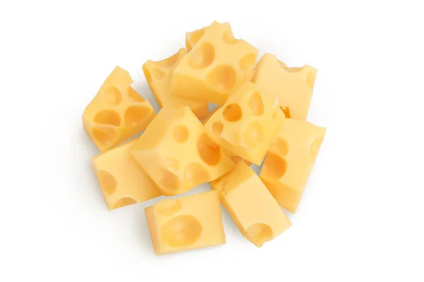 Cubos de queijo isolado em fundo branco com caminho de recorte. Vista superior. Depósito plano — Fotografia de Stock