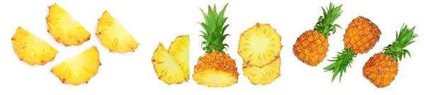 Połówka ananasa i plastry izolowane na białym tle z pełną głębią pola, Zestaw lub kolekcja — Zdjęcie stockowe