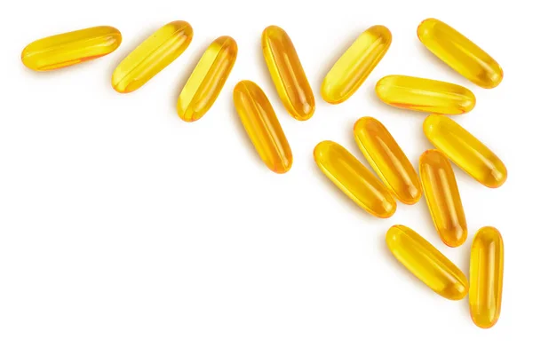Fish oil capsules isolated on white background with clipping path and full depth of field. Top view with copy space for your text. Flat lay Royalty Free Stock Images
