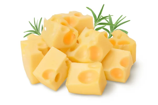 Cubos de queijo isolado em fundo branco com caminho de recorte e profundidade total de campo — Fotografia de Stock
