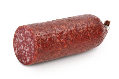 Tütsülenmiş sosis salamı kesme yolu ve tam derinlik ile beyaz arka planda izole