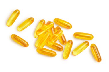 Balık yağı kapsülleri beyaz arka planda izole edilmiş, kırpma yolu ve tam alan derinliğinde. Üst Manzara. Düz yatıyordu