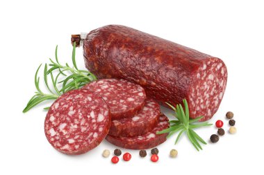 Tütsülenmiş sosis salamı kesme yolu ve tam derinlik ile beyaz arka planda izole