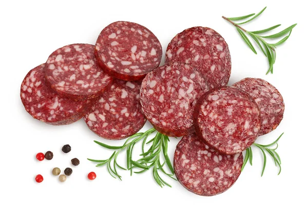 Smoked sausage salami slices isolated on white background with clipping path and full depth of field. Top view. Flat lay — Stock Photo, Image