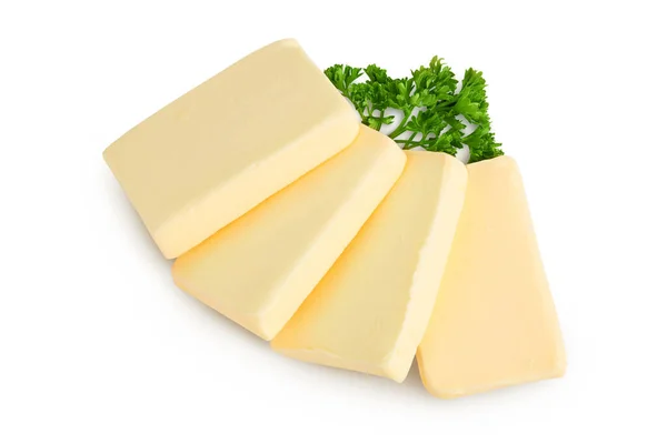 Řezy másla izolované na bílém pozadí s cestou střihu a plnou hloubkou pole. Horní pohled. Plocha — Stock fotografie