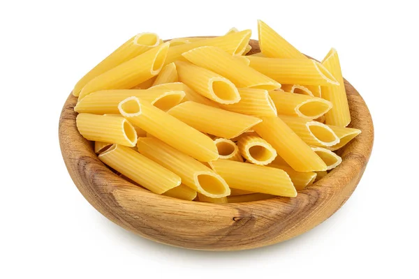 Raw italian penne rigate pasta in wooden bowl isolated on white background with clipping path and full depth of field — Stock Photo, Image