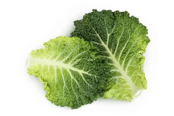 Savoy cabbage leaves isolated on white background with clipping path and full depth of field. Top view. Flat lay — Stock Photo, Image