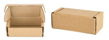 Beyaz arkaplanda izole edilmiş boş karton kutuyu aç.