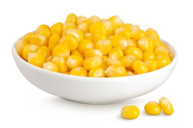 Seramik kasedeki mısır tohumları beyaz arka planda tam derinlikte izole edilmiş..