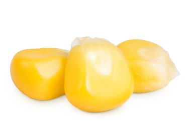 Beyaz zemin üzerinde izole mısır tohumları tam derinlik alan.