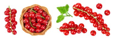 Hasır sepetinde kırmızı frenk üzümü ve beyaz arka planda yaprak var. Üst Manzara. Düz yatıyordu.