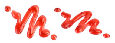 Kırmızı çilek reçeli beyaz arka planda izole edilmiş, geniş bir alana yayılmış, Top View. Düz yatıyordu.