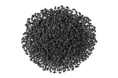 Nigella sativa ya da siyah kimyon beyaz arka planda izole edilmiş. Üst Manzara. Düz yatıyordu.