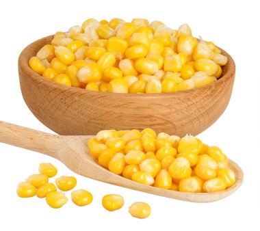 Tahta kasede mısır tohumu ve kaşık beyaz arka planda izole edilmiş, geniş bir alana yayılmış..